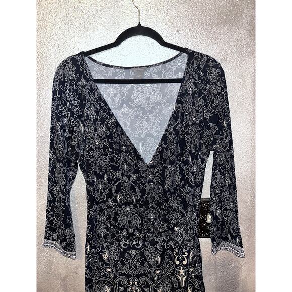 Ann Taylor Black White Tan Faux Wrap Midi Dress – Size 8 Professional Office - Picture 3 of 13